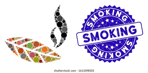 Mosaic smoking tobacco leaf icon and rubber stamp seal with Smoking text. Mosaic vector is composed with smoking tobacco leaf icon and with scattered circle spots. Smoking stamp uses blue color,