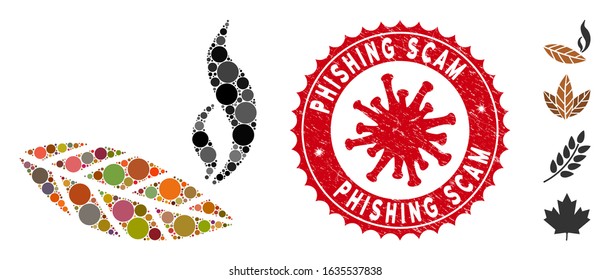 Mosaic smoking tobacco leaf icon and red round rubber stamp watermark with Phishing Scam phrase and coronavirus symbol.