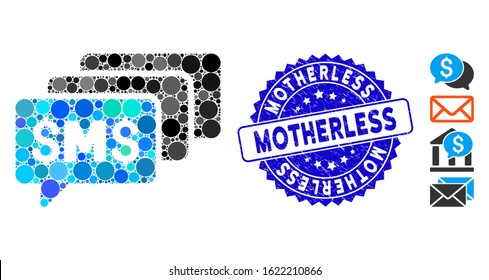Mosaic SMS messages icon and rubber stamp watermark with Motherless phrase. Mosaic vector is composed with SMS messages icon and with scattered spheric elements. Motherless stamp uses blue color,