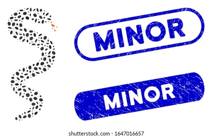Mosaic snake and distressed stamp seals with Minor phrase. Mosaic vector snake is created with scattered oval dots. Minor stamp seals use blue color, and have round rectangle shape.