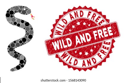 Mosaic snake and grunge stamp seal with Wild and Free caption. Mosaic vector is designed with snake icon and with scattered round elements. Wild and Free seal uses red color, and dirty surface.