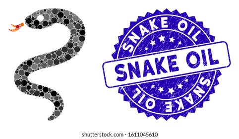 Mosaic snake icon and distressed stamp seal with Snake Oil text. Mosaic vector is designed with snake icon and with randomized circle items. Snake Oil stamp seal uses blue color, and dirty design.