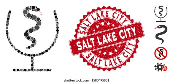 Mosaic snake poison icon and distressed stamp watermark with Salt Lake City text. Mosaic vector is composed with snake poison icon and with scattered round items. Salt Lake City stamp uses red color,