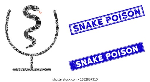 Mosaic snake poison pictogram and rectangle Snake Poison seals. Flat vector snake poison mosaic pictogram of scattered rotated rectangle elements. Blue Snake Poison seals with distress surface.