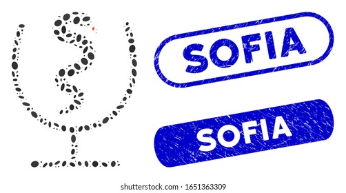 Mosaic snake poison and rubber stamp watermarks with Sofia text. Mosaic vector snake poison is formed with random elliptic spots. Sofia stamp seals use blue color, and have round rectangle shape.
