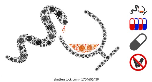Mosaic snake toxin composed of covid-2019 virus elements in random sizes and color hues. Vector viral elements are arranged into abstract collage snake toxin icon. Some bonus icons are added.