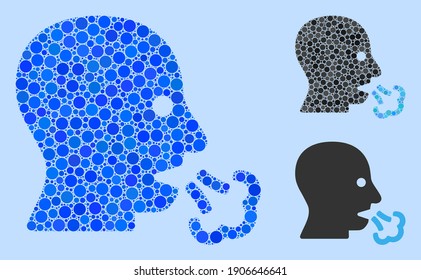 Mosaic Sneeze icon organized from spheric elements in various sizes, positions and proportions. Vector blue spheric elements are composed into abstract composition sneeze icon. Light blue background.