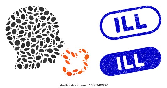 Mosaic sneezing and grunge stamp seals with Ill text. Mosaic vector sneezing is created with randomized ellipse spots. Ill stamp seals use blue color, and have round rectangle shape.