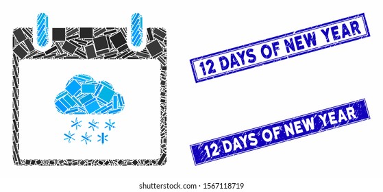 Mosaic snow cloud calendar day pictogram and rectangle rubber prints. Flat vector snow cloud calendar day mosaic pictogram of randomized rotated rectangle items.