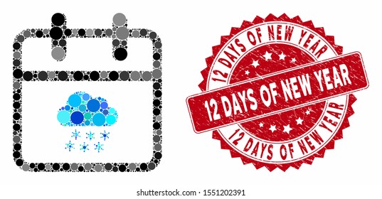 Mosaic snow day and grunge stamp seal with 12 Days of New Year text. Mosaic vector is composed with snow day icon and with scattered circle items. 12 Days of New Year stamp seal uses red color,