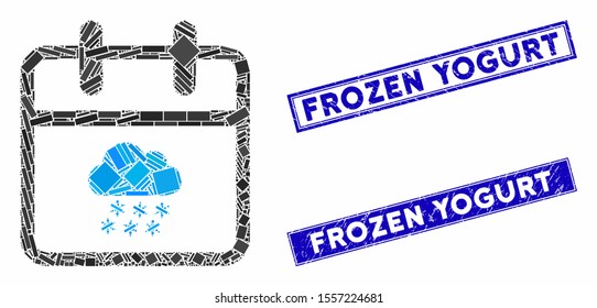 Mosaic snow day icon and rectangle seals. Flat vector snow day mosaic icon of random rotated rectangle items. Blue caption rubber seals with dirty texture.