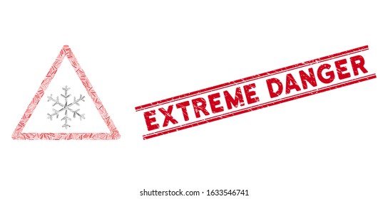 Mosaic snow warning icon and red Extreme Danger seal stamp between double parallel lines. Flat vector snow warning mosaic icon of randomized rotated linear elements.