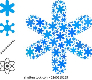 Icono de copo de nieve mosaico está diseñado para invierno, Año Nuevo, Navidad. El mosaico de iconos de copos de nieve se organiza a partir de cristales de hielo azul claro. Se agregan algunos iconos similares.
