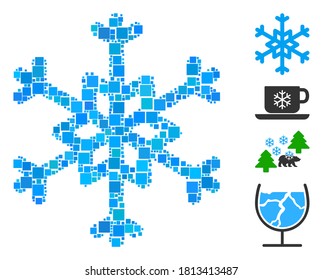 Icono de copo de nieve mosaico organizado a partir de elementos cuadrados de diferentes tamaños y tonos de color. Los elementos cuadrados vectoriales se componen en un icono abstracto de copo de nieve en mosaico. Se colocan pictogramas bonificados.