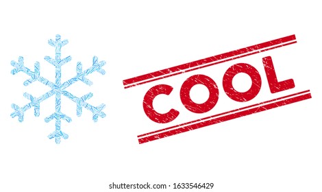 Mosaic snowflake icon and red Cool rubber print between double parallel lines. Flat vector snowflake mosaic icon of random rotated linear items. Red Cool rubber stamp with distress texture.