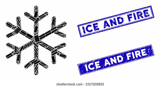 Mosaic snowflake pictogram and rectangular watermarks. Flat vector snowflake mosaic pictogram of randomized rotated rectangular elements. Blue caption watermarks with scratched textures.