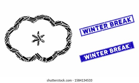 Mosaic snowing icon and rectangular Winter Break stamps. Flat vector snowing mosaic icon of random rotated rectangular elements. Blue Winter Break rubber seals with grunge texture.