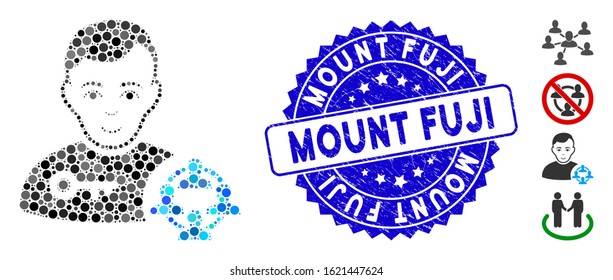 Mosaic social engineer icon and grunge stamp seal with Mount Fuji text. Mosaic vector is formed with social engineer icon and with random round elements.  