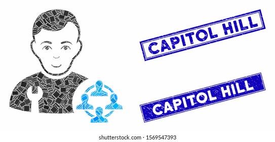 Mosaic social engineer icon and rectangle seal stamps. Flat vector social engineer mosaic icon of randomized rotated rectangle elements. Blue caption rubber stamps with scratched surface.