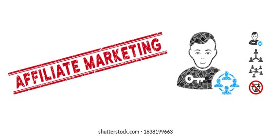 Mosaic social engineer icon and red Affiliate Marketing rubber print between double parallel lines. Flat vector social engineer mosaic icon of scattered rotated rectangle items.
