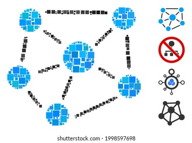 Mosaic Social graph icon composed of square items in various sizes and color hues. Vector square items are combined into abstract mosaic social graph icon. Bonus pictograms are added.