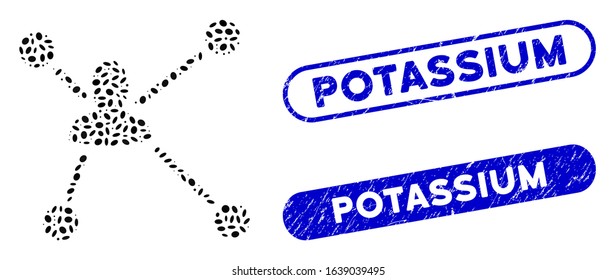 Mosaic social graph and rubber stamp seals with Potassium text. Mosaic vector social graph is designed with scattered elliptic spots. Potassium stamp seals use blue color,