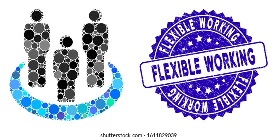 Mosaic Social Group Icon And Distressed Stamp Seal With Flexible Working Caption. Mosaic Vector Is Created With Social Group Icon And With Random Circle Spots.