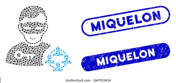 Hackers sociales mosaicos y sellos corroídos con la frase Miquelon. El hacker social vector mosaico es creado con piezas elípticas aleatorias. Los sellos de sello Miquelon utilizan color azul,