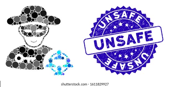 Mosaic social hacker icon and corroded stamp seal with Unsafe phrase. Mosaic vector is designed from social hacker pictogram and with random round spots. Unsafe stamp seal uses blue color,