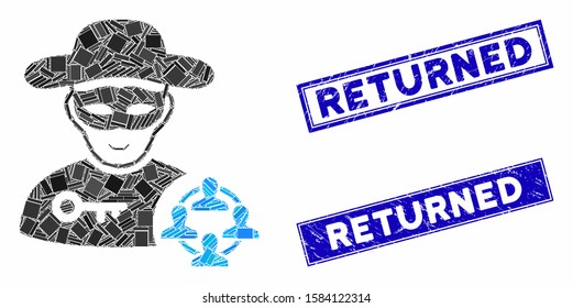 Mosaic social hacker pictogram and rectangular Returned watermarks. Flat vector social hacker mosaic icon of randomized rotated rectangular elements. Blue Returned watermarks with scratched surface.
