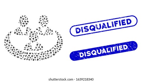 Mosaic social network and corroded stamp seals with Disqualified text. Mosaic vector social network is created with random oval items. Disqualified stamp seals use blue color,