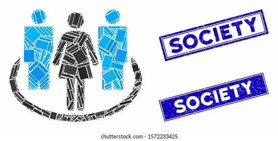 Mosaic society pictogram and rectangular Society seals. Flat vector society mosaic pictogram of randomized rotated rectangular elements. Blue Society stamp imprints with rubber textures.
