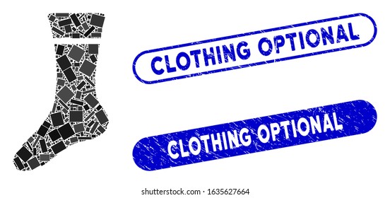 Mosaic sock and corroded stamp seals with Clothing Optional text. Mosaic vector sock is composed with randomized rectangles. Clothing Optional stamp seals use blue color,