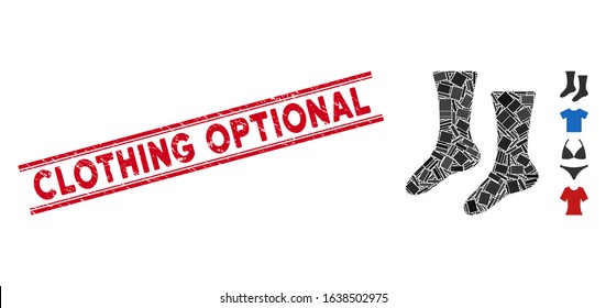 Mosaic socks pictogram and red Clothing Optional seal stamp between double parallel lines. Flat vector socks mosaic pictogram of random rotated rectangular elements.