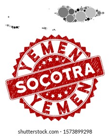 Mosaic Socotra Archipelago map and round seal stamp. Flat vector Socotra Archipelago map mosaic of random round elements. Red seal with rubber surface. Designed for political and patriotic propaganda.