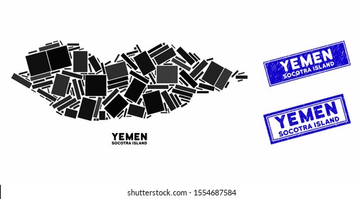 Mosaic Socotra Island map and rectangular stamps. Flat vector Socotra Island map mosaic of scattered rotated rectangular items. Blue caption stamps with distress surface.