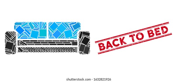 Mosaic sofa icon and red Back to Bed stamp between double parallel lines. Flat vector sofa mosaic pictogram of randomized rotated rectangle items. Red Back to Bed stamp imprint with scratched texture.