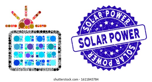 Mosaic solar power icon and rubber stamp seal with Solar Power caption. Mosaic vector is designed with solar power pictogram and with scattered circle items. Solar Power stamp seal uses blue color,