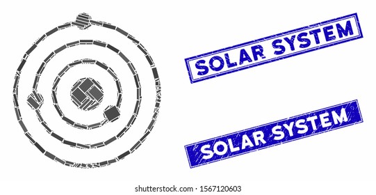 Mosaic Solar System icon and rectangular seal stamps. Flat vector Solar System mosaic icon of randomized rotated rectangle elements. Blue caption seal stamps with corroded textures.