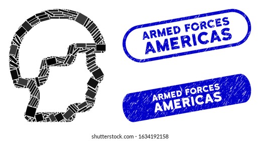 Mosaic soldier head and corroded stamp seals with Armed Forces Americas text. Mosaic vector soldier head is designed with randomized rectangle items. Armed Forces Americas seals use blue color,