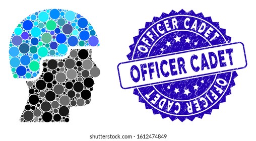 Mosaic soldier head icon and distressed stamp seal with Officer Cadet phrase. Mosaic vector is created with soldier head icon and with randomized spheric spots.