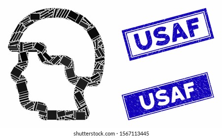 Mosaic soldier head icon and rectangle seals. Flat vector soldier head mosaic icon of scattered rotated rectangular items. Blue caption rubber seals with rubber texture.
