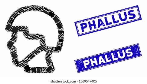Mosaic soldier head pictogram and rectangular rubber prints. Flat vector soldier head mosaic icon of randomized rotated rectangular items. Blue caption rubber seals with rubber surface.