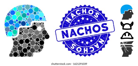 Mosaic soldier helmet icon and corroded stamp seal with Nachos caption. Mosaic vector is created with soldier helmet icon and with random circle elements. Nachos stamp seal uses blue color,