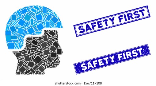 Mosaic soldier helmet icon and rectangular rubber prints. Flat vector soldier helmet mosaic icon of random rotated rectangular items. Blue caption seals with rubber texture.
