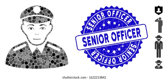 Mosaic soldier icon and grunge stamp seal with Senior Officer caption. Mosaic vector is created with soldier icon and with randomized circle spots. Senior Officer seal uses blue color,