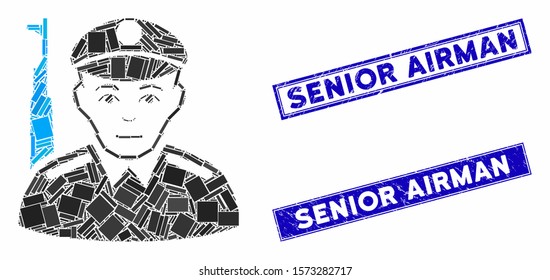 Mosaic soldier icon and rectangle Senior Airman rubber prints. Flat vector soldier mosaic icon of random rotated rectangular elements. Blue Senior Airman rubber seals with distress textures.