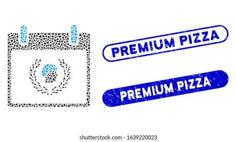 Mosaic soldier laurel wreath calendar day and distressed stamp seals with Premium Pizza text. Mosaic vector soldier laurel wreath calendar day is created with randomized ellipse items.