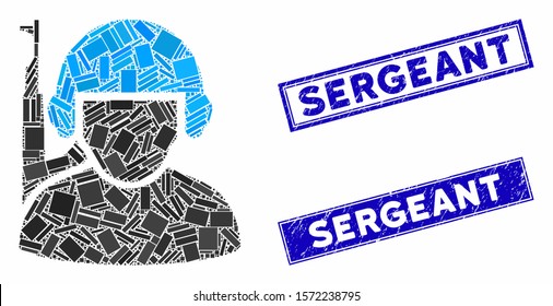 Mosaic soldier pictogram and rectangle Sergeant stamps. Flat vector soldier mosaic pictogram of randomized rotated rectangle elements. Blue Sergeant stamps with grunge textures.