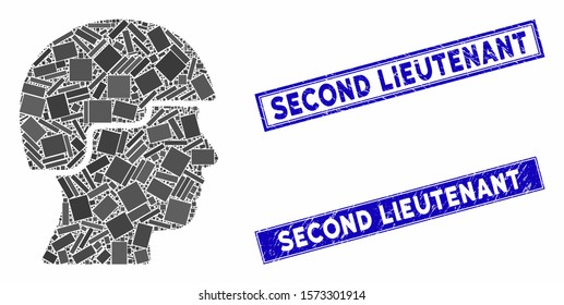 Mosaic soldier pictogram and rectangular Second Lieutenant seal stamps. Flat vector soldier mosaic pictogram of scattered rotated rectangular elements.